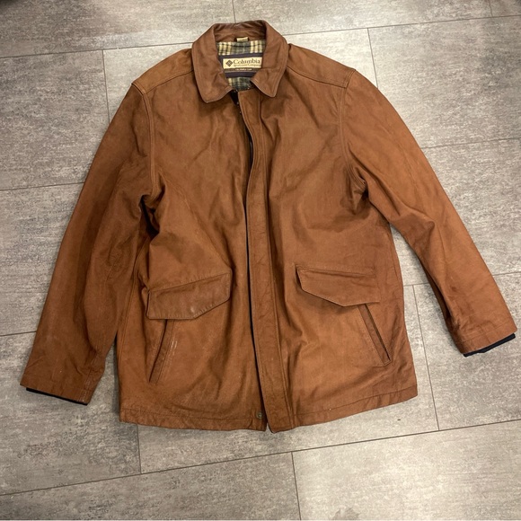 Columbia Long Leather Jacket Zip Up Flannel Lined - Picture 1 of 11